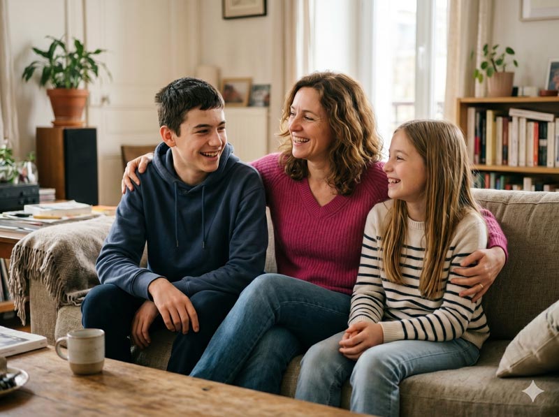 Une mère et ses deux enfants, souriants et complices, assis dans leur salon