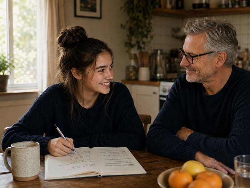 Une adolescente écrit dans un cahier en souriant, accompagnée par un adulte bienveillant