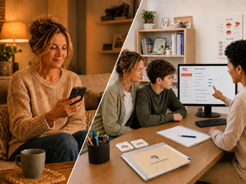Une mère consulte le suivi DYS-Cours sur son téléphone ; un professionnel présente le tableau de bord à une famille