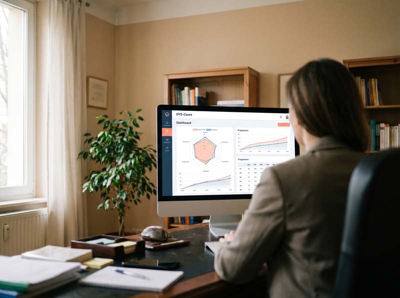 Une professionnelle consulte le tableau de bord DYS-Cours sur son écran